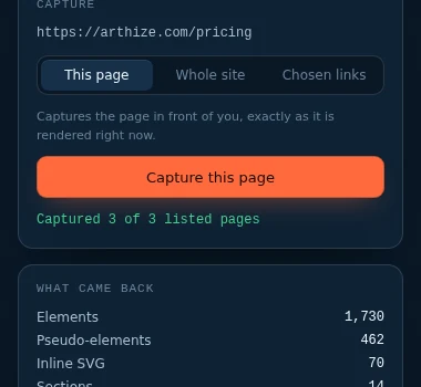 The SiteGrab side panel: capture modes, the capture report and the export list.