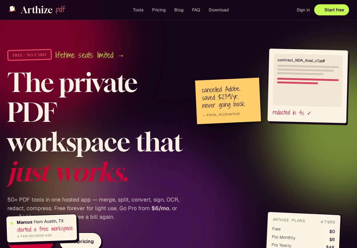 The SiteGrab rebuild of arthize.com opened from a local file, matching the original layout, gradients, headline and floating cards.